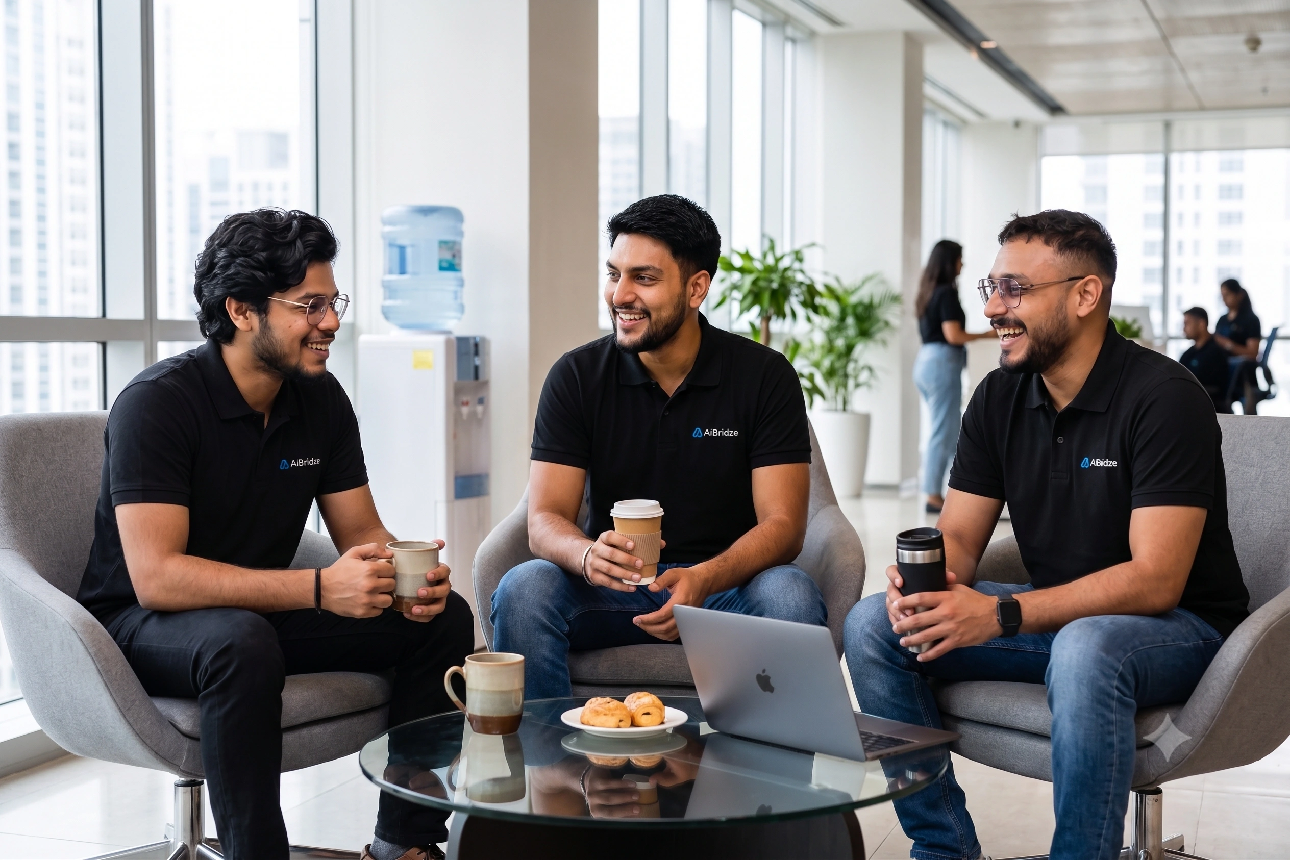 AiBridze team collaborating in the office