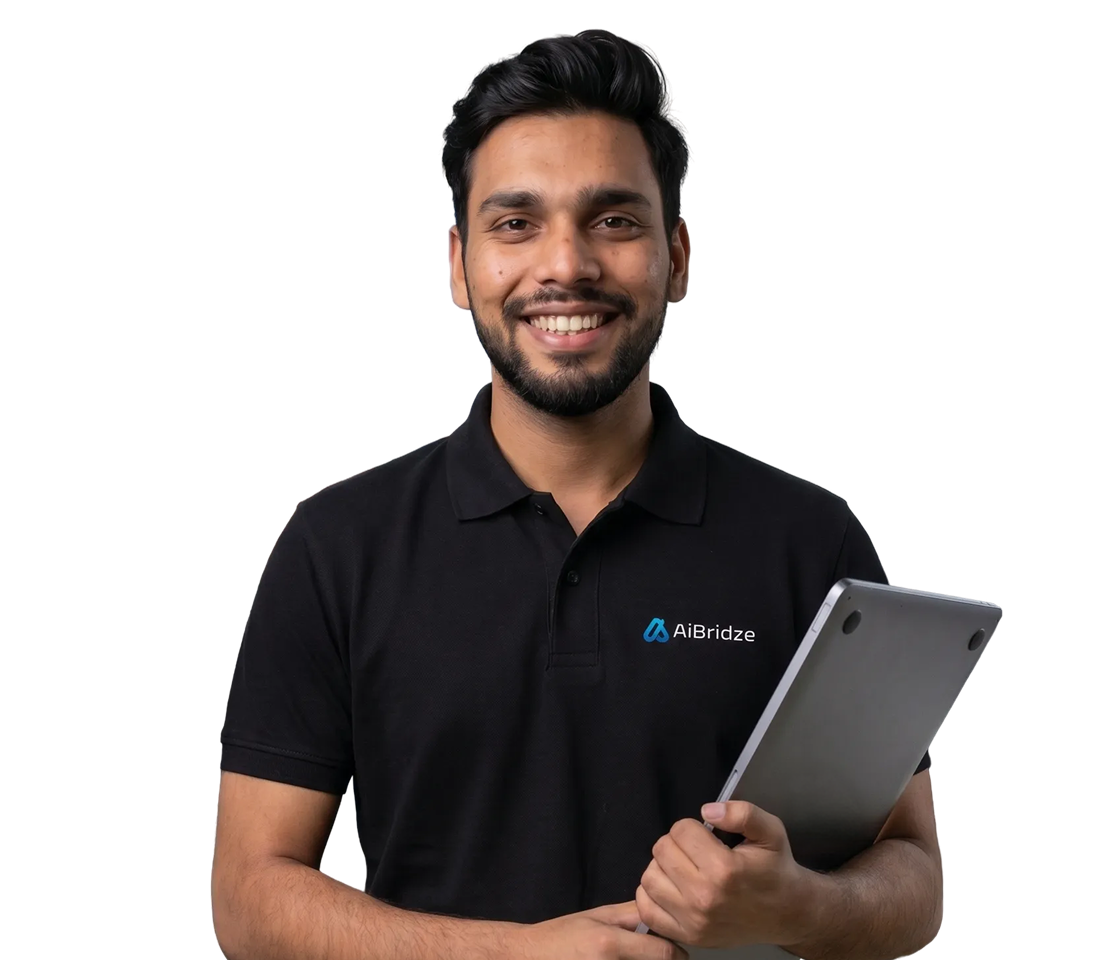 AiBridze team member holding a tablet