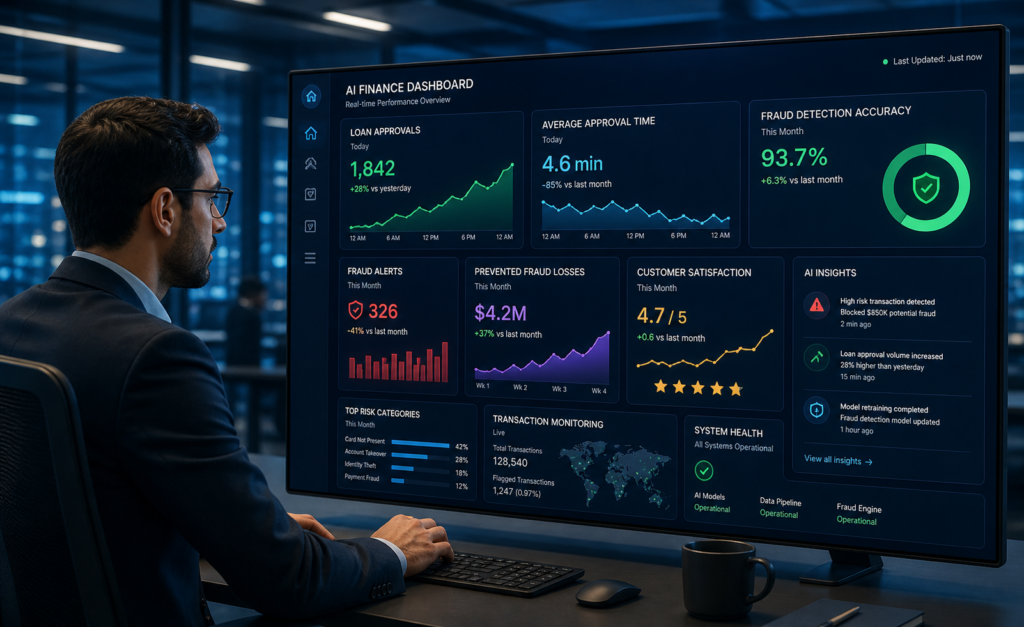 AI-powered fraud detection system monitoring transactions in real-time for financial security